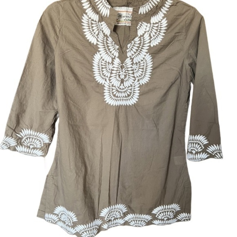 Aventura Tan Embellished Tunic with Mandarin Collar